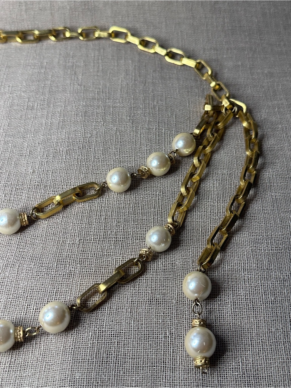 Vintage 80s Gold Chain Belt Faux Pearl Swag Link Boho Adjustable Necklace - Picture 5 of 10